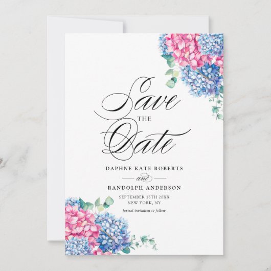 Roze en blauwe Waterverf Hydrangeas Floral Save The Date (Voorkant)