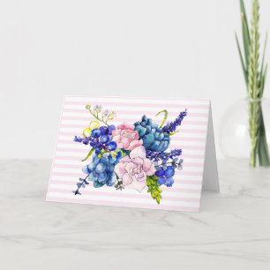 Roze en blauwe Waterverf Vloer Bouquet Note Kaart