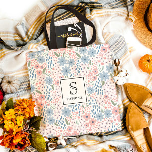 Roze en Blauwe Whimsical Bloemmotief Monogram Draagtas