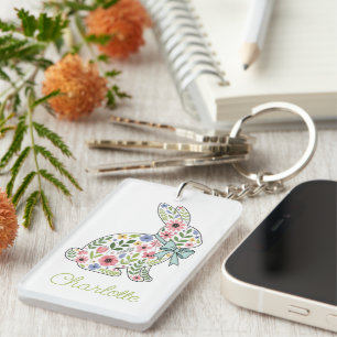 Roze en blauwe wilde bloemen lente konijn sleutelhanger