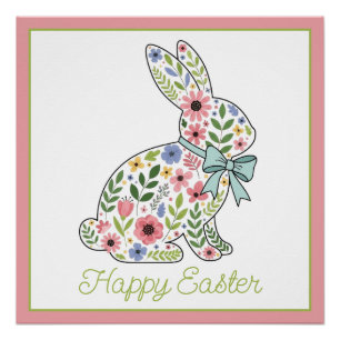 Roze en blauwe wilde bloemen Pasen konijn Perfect Poster