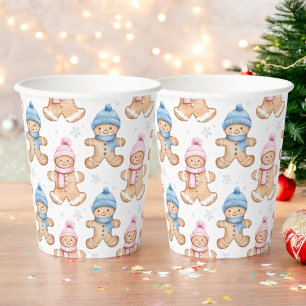 Roze en Blauwe Winter Gingerbread Geslacht Reveal Papieren Bekers
