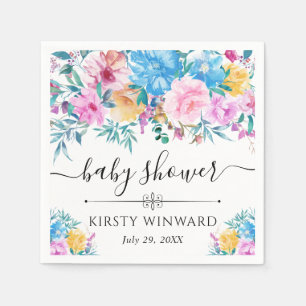 Roze en blauwe zomerbloemen babyshower servet