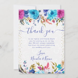 Roze en blauwe zomerbloemen bruiloft bedankkaart