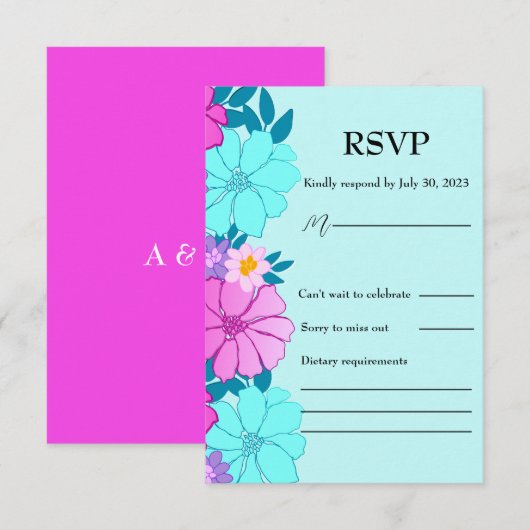 Roze en Blauwgroen bloemenbruiloft RSVP Kaartje (Voorkant / Achterkant)