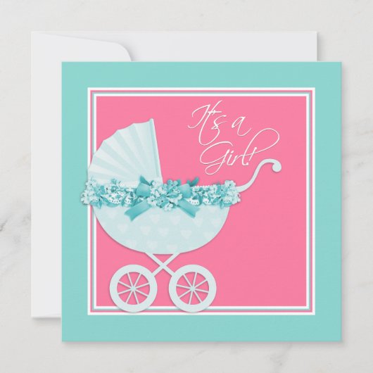 Roze en Blauwgroen Blue Pram Baby shower Kaart (Voorkant)