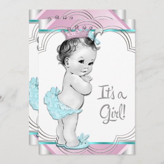 Roze en Blauwgroen Blue Princess Baby shower Kaart (Voorkant / Achterkant)