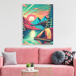 Roze en Blauwgroen Camping Thema Canvas Afdruk