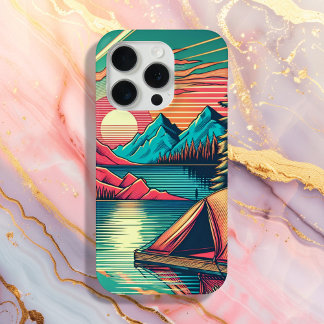  Roze en Blauwgroen Camping Thema iPhone 15 Pro Case