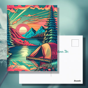  Roze en Blauwgroen Camping thema Verjaardag Briefkaart