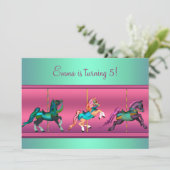 Roze en Blauwgroen Carrousel Pony verjaardagsfeest Kaart (Staand voorkant)