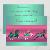 Roze en Blauwgroen Carrousel Pony verjaardagsfeest Kaart (Voorkant / Achterkant)