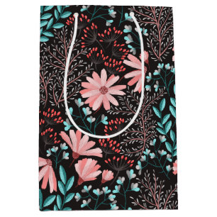 Roze en Blauwgroen, donkere Floral Patroon Medium Cadeauzakje