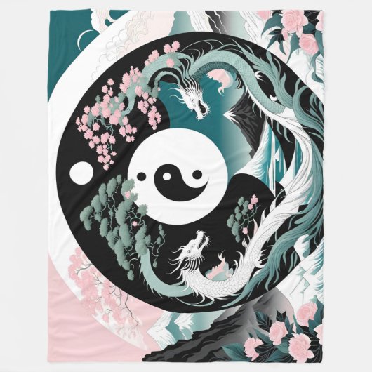 Roze en Blauwgroen Draken Aziatisch Landschap yin  Fleece Deken (Voorkant)