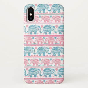 Roze en Blauwgroen etnisch olifantenpatroon iPhone X Hoesje