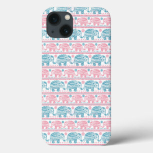 Roze en Blauwgroen etnisch olifantenpatroon iPhone 13 Hoesje