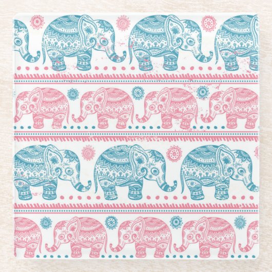Roze en Blauwgroen etnisch olifantenpatroon Glazen Onderzetter (Voorkant)
