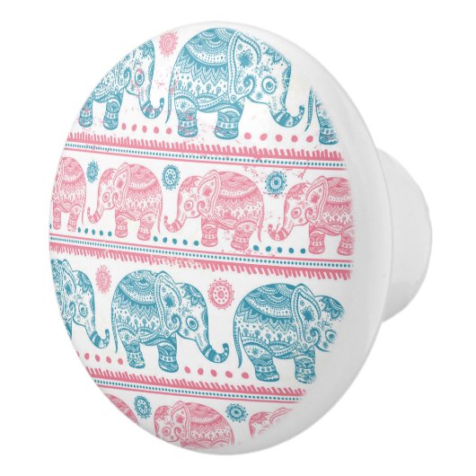 Roze en Blauwgroen etnisch olifantenpatroon Keramische Knop (Rechts)