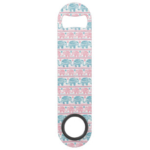 Roze en Blauwgroen etnisch olifantenpatroon Speed Flessenopener