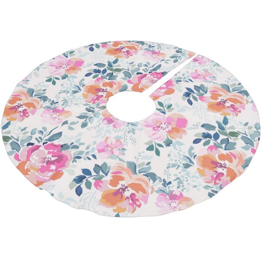 Roze en Blauwgroen Floral Patroon Kerstboom Rok (Gekanteld)