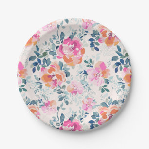 Roze en Blauwgroen Floral Patroon Papieren Bordje