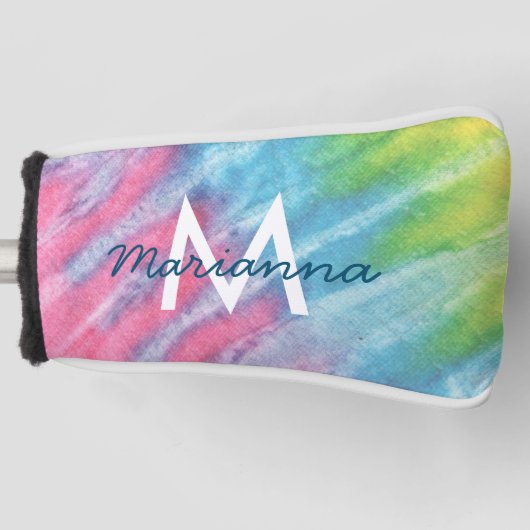 Roze en Blauwgroen Girly Tie Dye Monogrammen Golfheadcover (Voorkant)