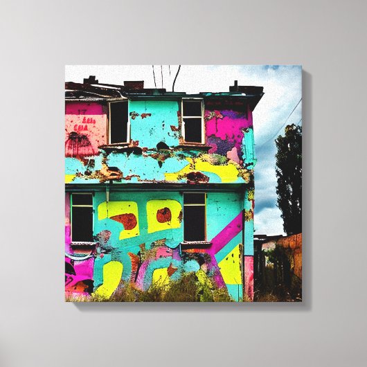 Roze en Blauwgroen Graffiti Art | Verlaten woning Canvas Afdruk (Voorkant)