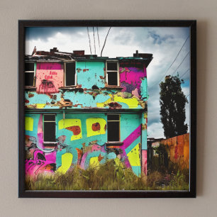 Roze en Blauwgroen Graffiti Art   Verlaten woning Canvas Afdruk