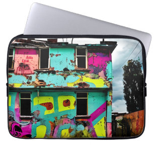 Roze en Blauwgroen Graffiti Art   Verlaten woning Laptop Sleeve
