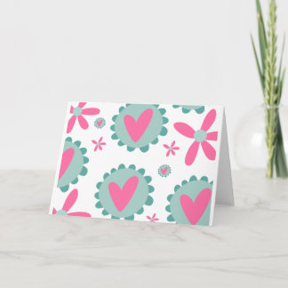 Roze en Blauwgroen hart met roze bloemen patroon Kaart