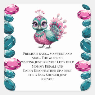 Roze en Blauwgroen Jewel Baby Peacock Baby shower Vierkante Sticker