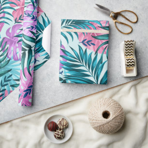 Roze en Blauwgroen tropische palmen en zwarte blad Cadeaupapier