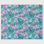 Roze en Blauwgroen tropische palmen en zwarte blad Cadeaupapier (Vlak)