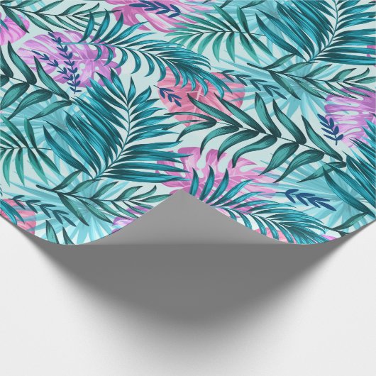 Roze en Blauwgroen tropische palmen en zwarte blad Cadeaupapier (Hoek)