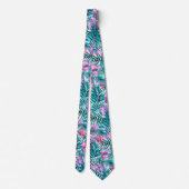 Roze en Blauwgroen tropische palmen en zwarte blad Stropdas (Achterkant)