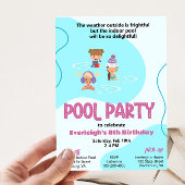 Roze en Blauwgroen Winter Pool Party Invitation Kaart