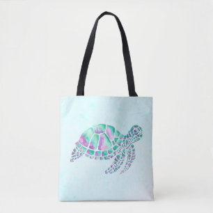 Roze en Blauwgroen Zee Schildpad op blauw Tote Bag