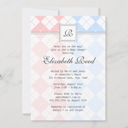 Roze en Blue Argyle Baby shower met tweelingen Kaart (Voorkant)