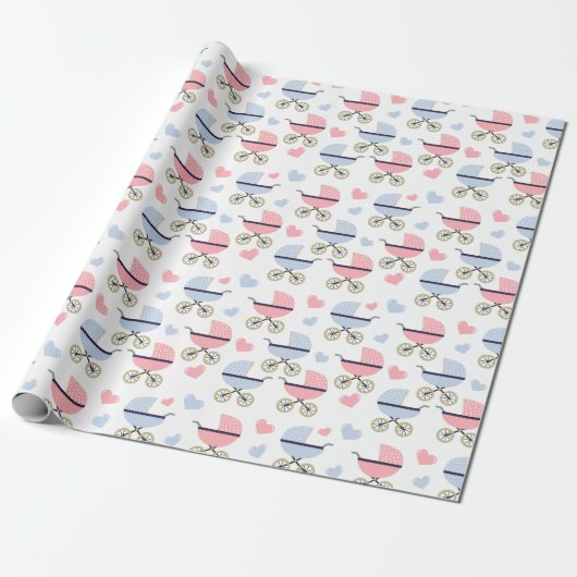 Roze en Blue Pram Pattern Baby shower Cadeaupapier (Uitgerold)