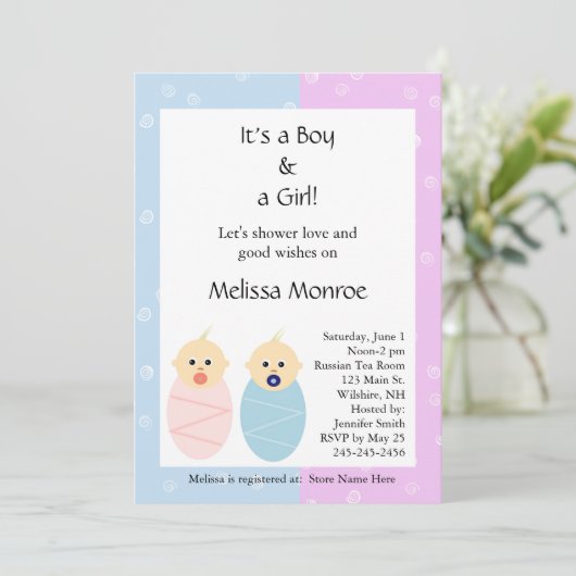 Roze en Blue Twins Baby shower Invitation Kaart (Staand voorkant)