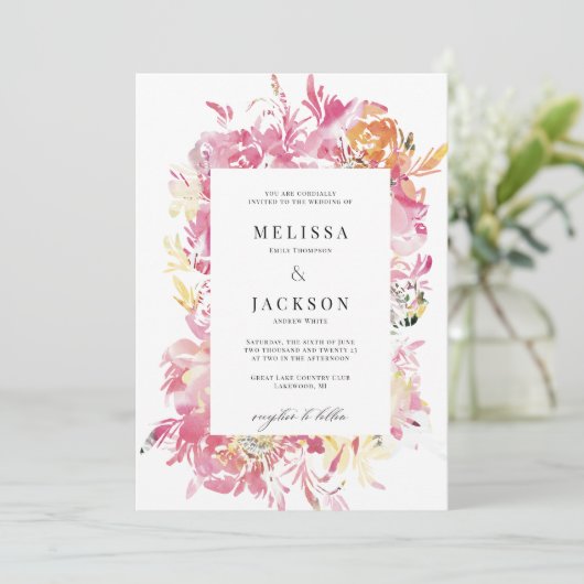 Roze en Blush Waterverf Bloem Bruiloft Kaart (Staand voorkant)