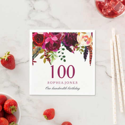 Roze en Bourgogne Boho Floral 100e verjaardag Servet (Insitu)