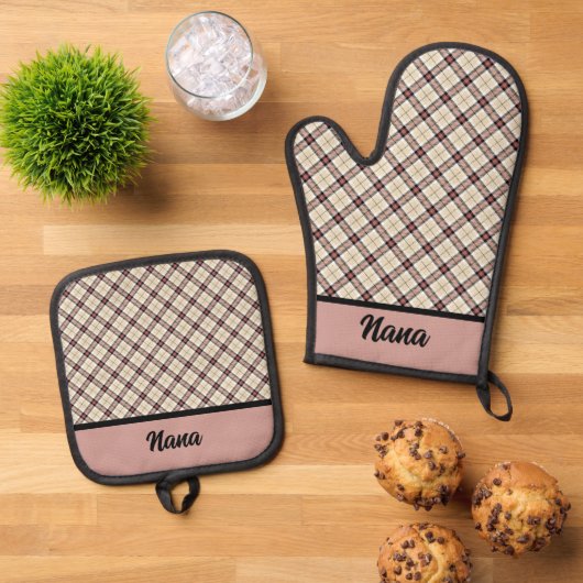 Roze en Bourgogne Plaid Ovenwant & Pannenlap Set (Top down)
