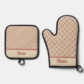 Roze en Bourgogne Plaid Ovenwant & Pannenlap Set (Voorkant)