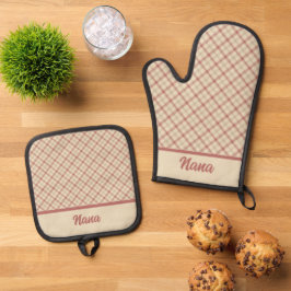 Roze en Bourgogne Plaid Ovenwant & Pannenlap Set
