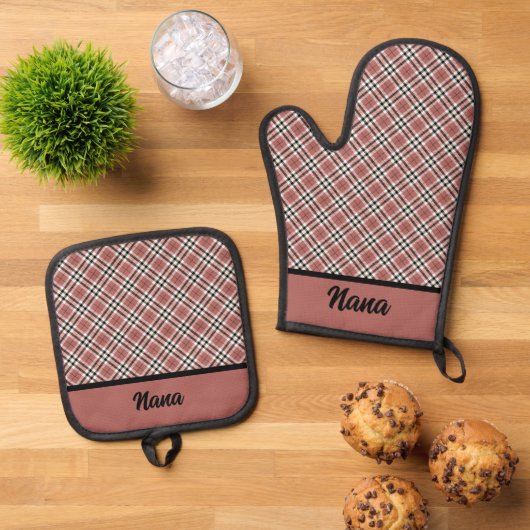 Roze en Bourgogne Plaid Ovenwant & Pannenlap Set (Top down)