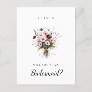 Roze en Bourgondische wilde bloemen bruidsmeisje v Briefkaart