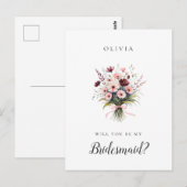 Roze en Bourgondische wilde bloemen bruidsmeisje v Briefkaart (Voorkant / Achterkant)