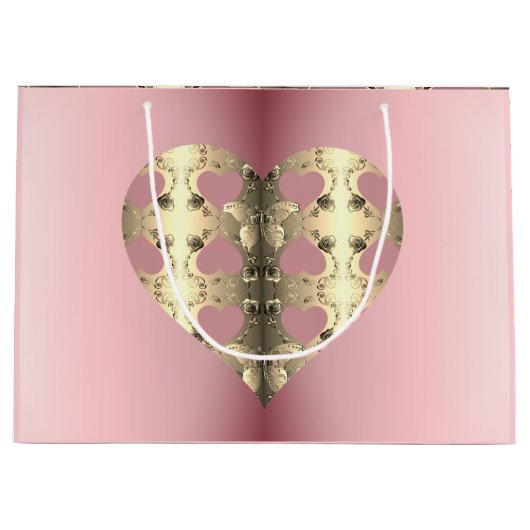 Roze en Bronze Roos Heart Valentijnsdag Groot Cadeauzakje (Voorkant)