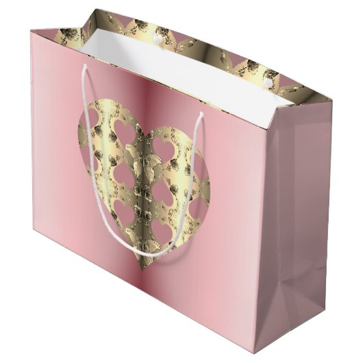 Roze en Bronze Roos Heart Valentijnsdag Groot Cadeauzakje (Achterkant Gekanteld)